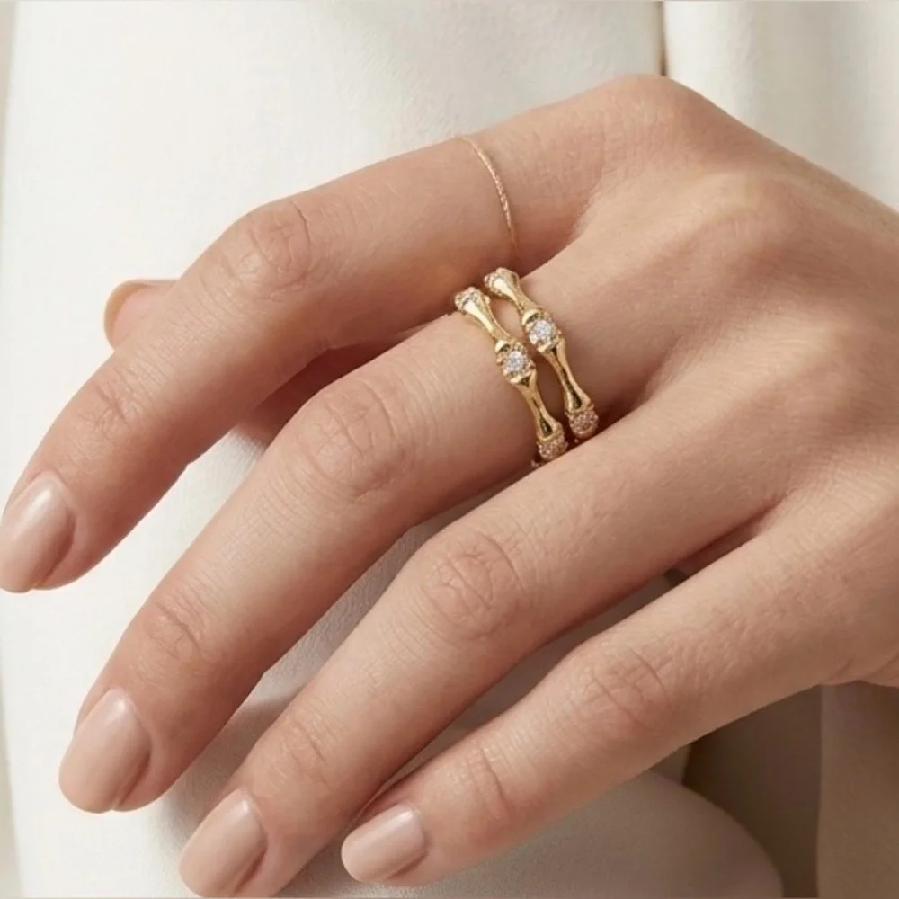 14K Gold Plated CZ Bamboo Style Double Band Ring | Adjustable Open Ring